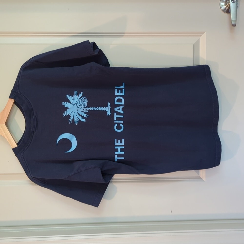 Citadel College Short Sleeve Shirt Men's Large Navy Blue & Light Blue Palm Moon